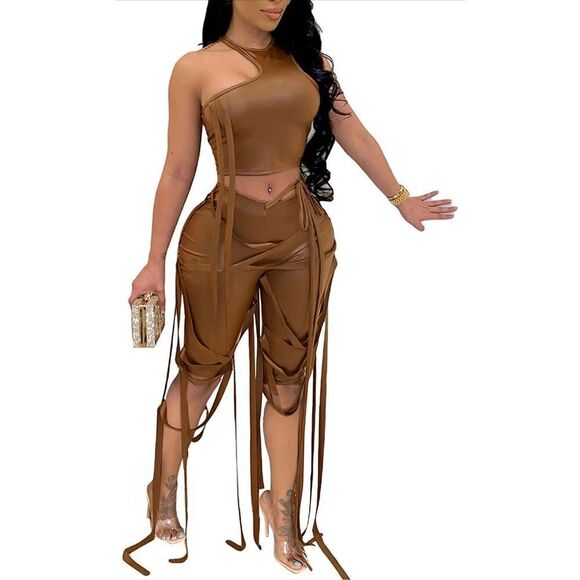 NEW Club Bandage 2 Pc Elastic Tank Top Pants Lace Up Bodycon XL - Picture 1 of 4